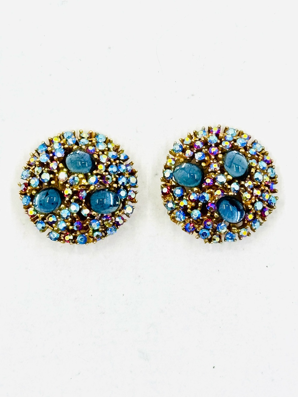 Vintage ART Arthur Pepper Gold-Tone Blue AB Crystal Cabochon Clip On Earrings